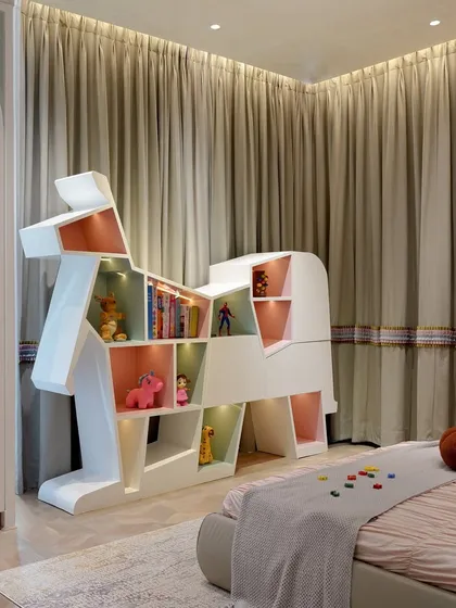 This custom-designed horse-shaped bookshelf demonstrates our ability to create whimsical yet functional furniture for children's rooms. It serves as both a playful centerpiece and a practical storage solution, reflecting our bespoke approach to personalizing every space.