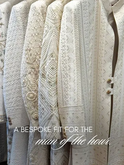 A collection of our ivory and off-white sherwanis and bandhgalas. These garments are a perfect fit for the man of the hour, designed with intricate textures and embroideries for a regal presence.