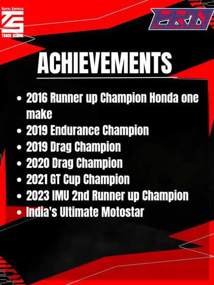 A list of Coach Soorya's impressive achievements, including being a runner-up in the Honda one-make championship and winning multiple drag and endurance titles.