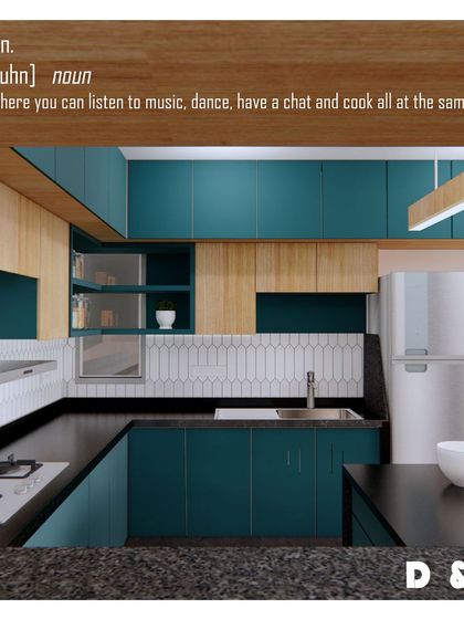 A conceptual render of the kitchen, defining it as a social hub for the family.