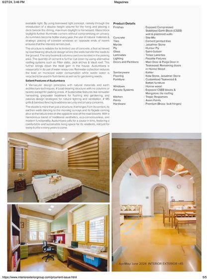 Another page from the magazine feature, detailing the materials used and showing the bedroom and study.