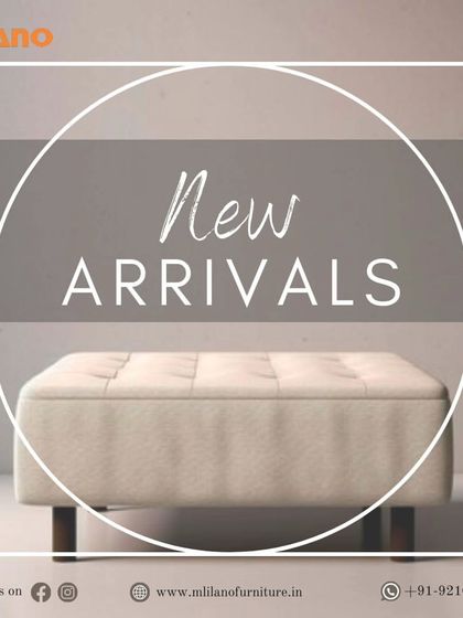 New minimal collection alert. This graphic announces new arrivals, including this elegant upholstered ottoman, available to view at our store.