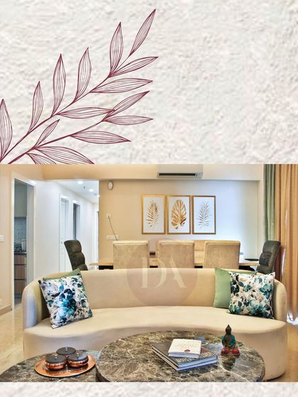 Another example of our process, showing a finished living room with a curved beige sofa. The sketch element in the corner reminds us that every beautiful space starts with a simple line on paper.