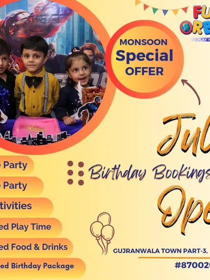 Our Monsoon Special Offer for July birthdays is here. This graphic outlines our all-inclusive package details, including a private party, theme decor, and unlimited play and food.