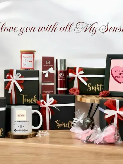 Express your love with this unique "I love you with all My Senses" hamper. It includes five individually boxed gifts, each corresponding to a sense: sight, sound, smell, taste, and touch.