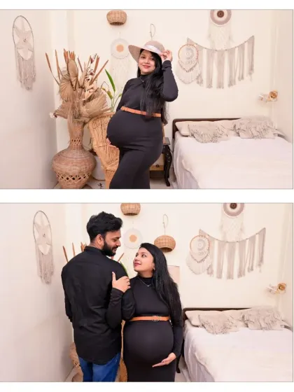 A duo of photos from a stylish Boho session. The mom-to-be wears a chic black bodycon dress and hat, while the other shot captures a sweet, candid moment between the couple.
