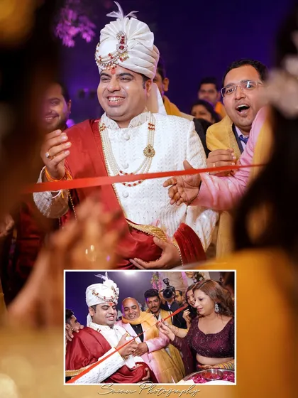 A collage showing the fun and traditional ribbon-cutting ceremony during the groom's entrance.