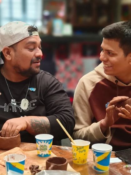 Collaboration and conversation are a big part of our group workshops. These two participants from the bartenders' event are sharing ideas and enjoying the creative process together.