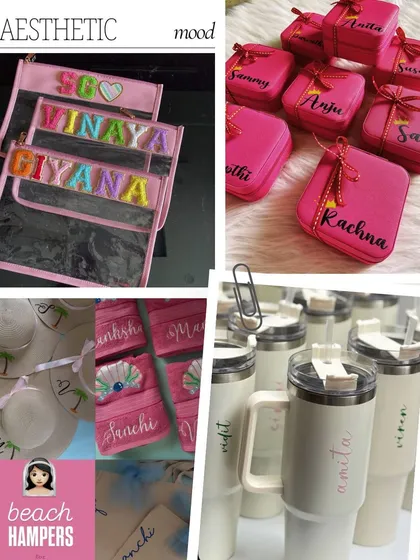 A mood board showcasing our 'Aesthetic Beach Hampers'. This collage features personalised pouches, jewellery boxes, and tumblers in a fun pink and white theme.