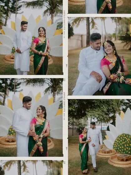 A collage of candid and happy moments from a couple's pre-wedding shoot, showcasing their natural chemistry.