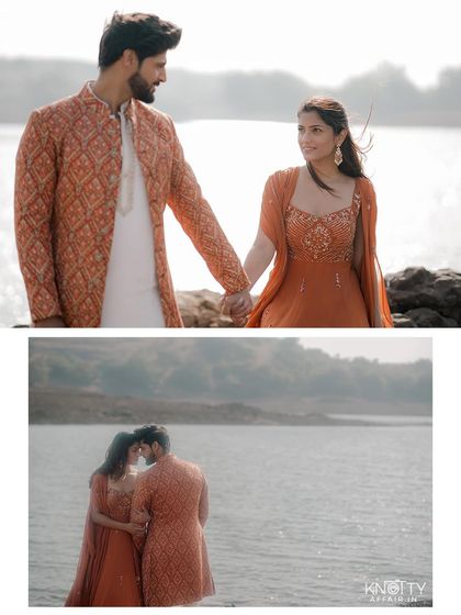 Two moments from the Lonavala shoot, showing the couple holding hands by the water and sharing an intimate moment. The natural setting and their coordinated orange outfits create a warm, harmonious look.