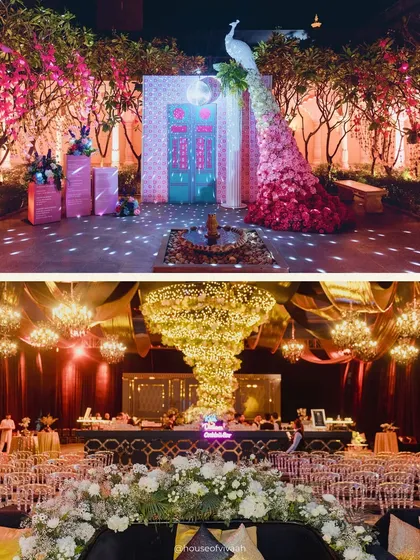 A collage capturing the dual moods of a Sangeet night. A dramatic floral peacock greets guests outside, while inside, a massive flower tornado chandelier hangs over a glamorous black and gold setup.