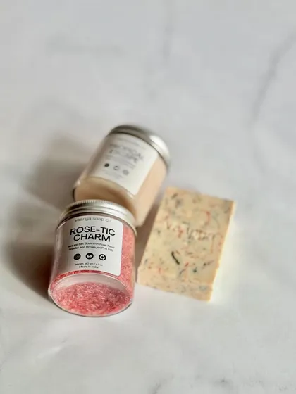 Another combination for our customizable Self-Care Bundle, featuring our Funfetti soap, Tropical Escape polish, and Rose-tic Charm salt soak.