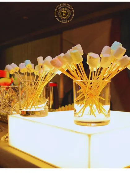 A display of our sweet garnishes, including colorful marshmallow skewers and fresh watermelon slices, all illuminated on our LED bar top.
