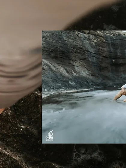 A collage from a pre-wedding shoot by a waterfall, focusing on the couple's connection amidst the powerful natural scenery.