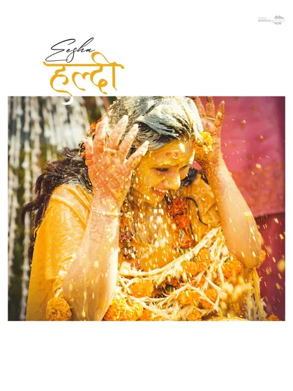 The Haldi ceremony is all about unrestrained joy. I love capturing the energy and vibrant colors of this ritual, freezing a moment of pure, unscripted fun as the turmeric paste flies.
