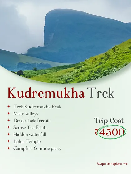 Details of our Kudremukha trek package, including misty valleys, shola forests, and a hidden waterfall, all for ₹4500.