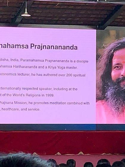 A slide from a presentation at the SVYASA Conference about Kriya Yoga master Paramahamsa Prajnanananda, highlighting the deep spiritual roots of the practice.