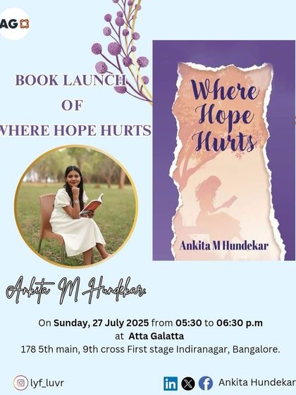 Poster for the book launch of 'Where Hope Hurts' by Ankita M Hundekar, a book on resilience and healing.