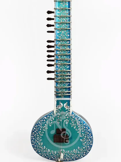 A front view of the blue rock sitar, a beautiful example of our custom design and color work.