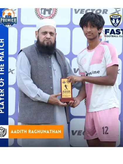 Success at the senior level. Our U18 player, Aadith RP, receiving the Player of the Match award while representing Vatika FC in the Delhi Premier League. We prepare our players to excel and make an impact in senior divisions.
