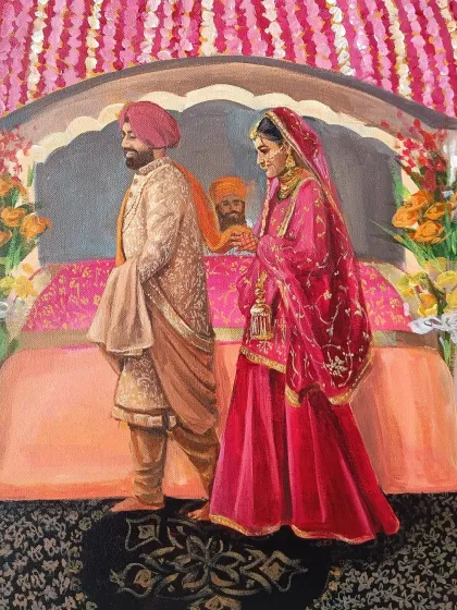 Another angle of the live wedding painting from Ludhiana, showing the beautiful details of the ceremony.