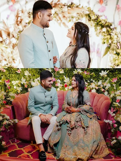 A collage of a couple at their Roka ceremony, showing them standing and sitting in front of a lovely floral backdrop.