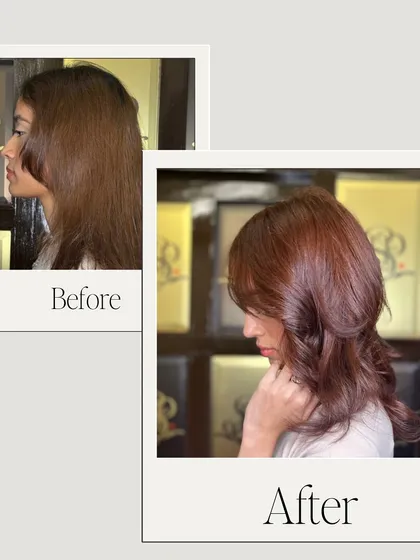 This rose gold radiance is a perfect example of a stylish transformation. The new color and cut completely changed her vibe, giving her a fresh, modern look.