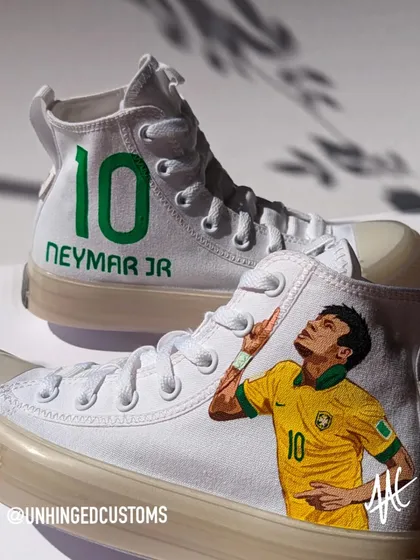 The Neymar Jr. custom Chuck Taylors. I pulled an all-nighter to get these done for a client on a tight deadline, but it was totally worth it.