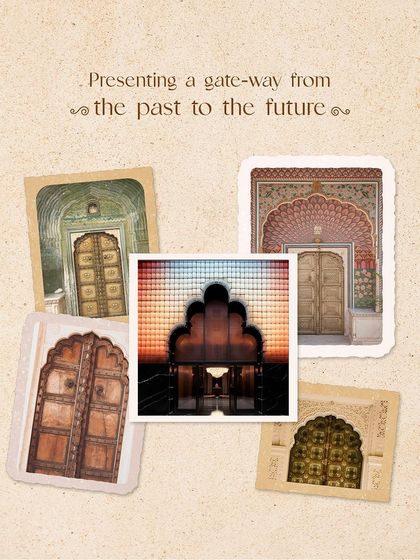 The entrance to Idylll was conceptualized as a gateway from the past to the future, with a copper and glass facade inspired by the arcade structures of pre-modern India.