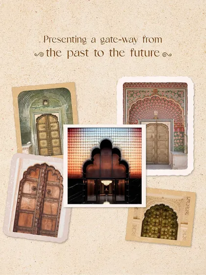 The entrance to Idylll was conceptualized as a gateway from the past to the future, with a copper and glass facade inspired by the arcade structures of pre-modern India.