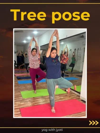 A title card for Tree Pose, a foundational balancing asana that we practice regularly.