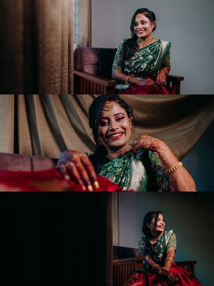 A collage of a bride's portraits, capturing her happy and relaxed moments in her traditional attire.