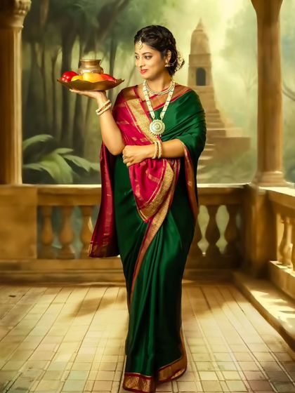 A graceful portrait of a mom-to-be on a painted balcony, holding a platter of fruit, looking like a figure from a timeless story.