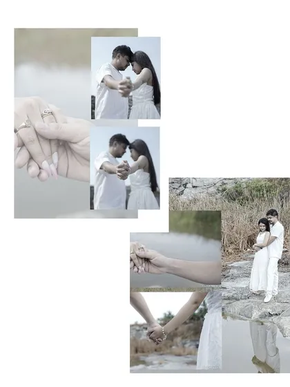 A creative collage focusing on the theme of holding hands, symbolizing the couple's bond.