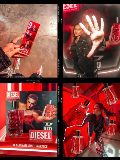A collage of moments from the D-RED by Diesel launch, showing the product, the branding, and the event's atmosphere.