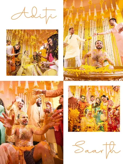 A collage showing the bride and groom's joyous and messy Haldi celebration. I ensure the setup allows for this kind of unrestrained fun.