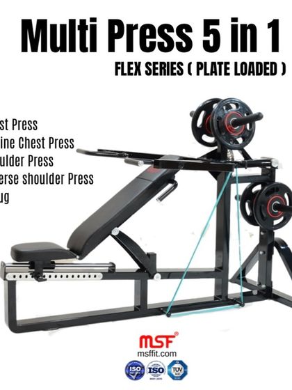 The 5-in-1 Multi Press Combo, listing its functions: Chest Press, Incline Chest Press, Shoulder Press, Reverse Shoulder Press, and Shrugs.