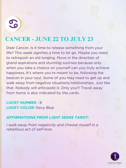 A weekly tarot forecast for Cancer. This week signifies a time to let go. You may need to relinquish an old longing and move in the direction of grand aspirations. Taking a chance on yourself is where you will find true happiness.