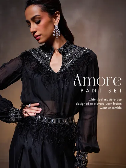 The Amore Pant Set is a whimsical masterpiece. I designed it with signature stone embellishments and delicate feather-like details to elevate your fusion wear ensemble.