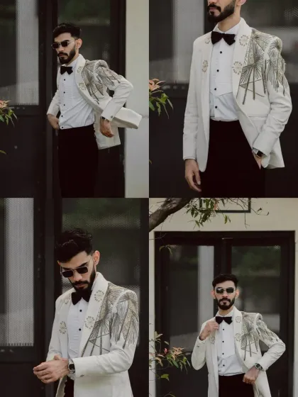 A collage showing different angles of a unique white tuxedo jacket. The shoulders are adorned with intricate silver and gold beaded embroidery that resembles architectural lines, perfect for a modern wedding.