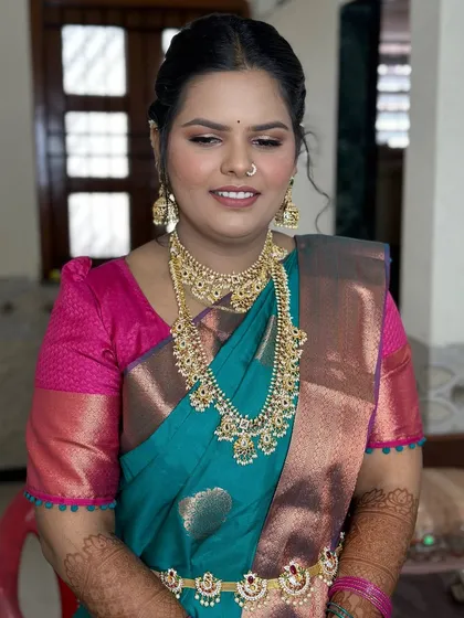 A close-up of the engagement look, showing the flawless, real-skin finish of the makeup.