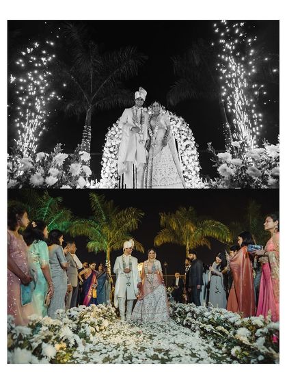 A collage capturing the couple's grand entrance and walk down the aisle, complete with sparklers and a beautiful floral backdrop.