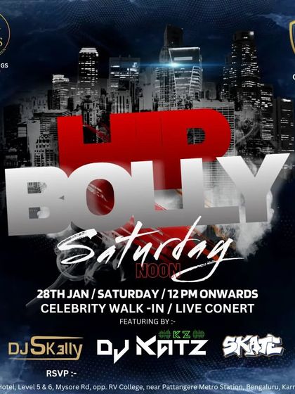 "Bolly Saturday Noon" event flyer for a daytime Bollywood party.