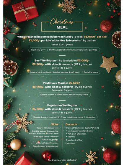 The full Christmas Meal delivery menu, with options like whole roasted turkey, Beef Wellington, and a vegetarian Wellington, complete with sides and desserts.