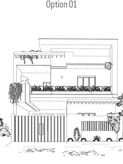 This is "Option 01," an initial elevation sketch for a client. Presenting concepts as clean line drawings helps in finalizing the architectural form and layout before moving to detailed 3D rendering.