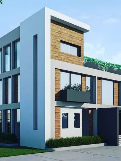 A daytime view of the modern office building, highlighting its simple yet strong geometric forms. The combination of white, gray, and wood panels creates a professional and contemporary look.