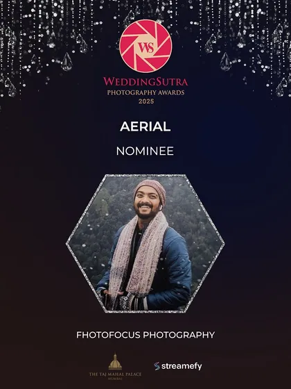 Our official nominee graphic for the Aerial Photography category at the WeddingSutra Awards. This recognizes our skill in capturing unique, bird's-eye perspectives of a couple's story.