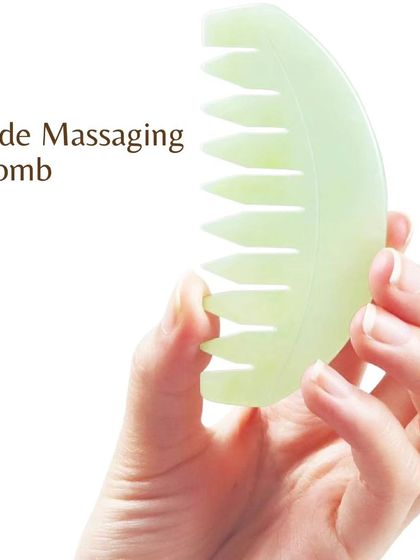 A jade massaging comb is used to gently stimulate the scalp, promoting circulation and enhancing the feeling of relaxation during our treatments.