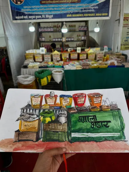 My watercolour and pencil colour sketch of a bustling masala bhandar (spice shop) at a local fair, capturing the colourful array of products on display.